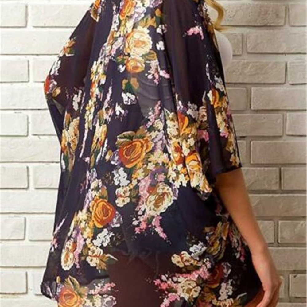 OLRAIN Dark Blue Floral Print Kimono Style Open Cover Sheer / Size XL